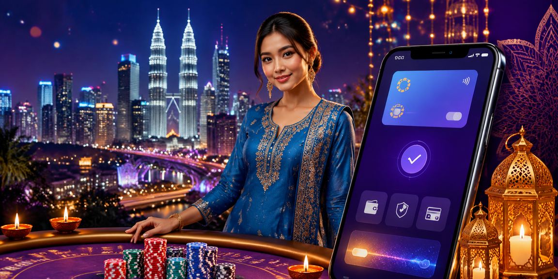 Pemain baccarat menggunakan telefon mudah alih dengan baju kurung di Kuala Lumpur